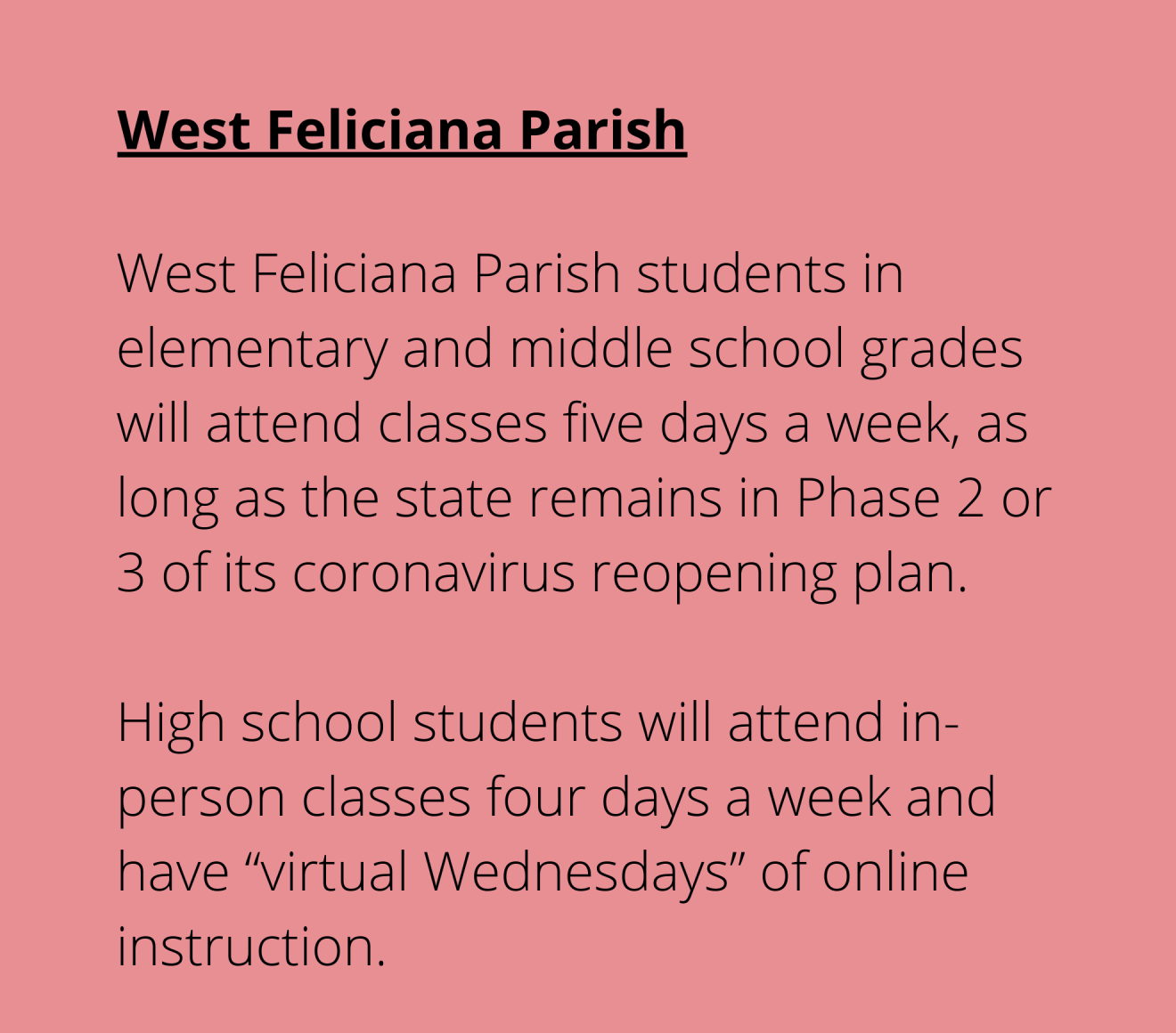 West Feliciana Parish fall 2020 reopening plans